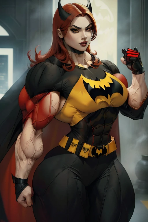 (((Close-up))), tall, (red hair) beautiful muscular asian woman, (long hair), pale white skinned, closed smile, large breast, (black lipstick), (massive muscles), (hyper muscle), ((ginormous bulky muscles)), yellow eyes, (((red batwoman suit, cape))), (((Batwoman pants with belt))), gauntlets, choker, boots, (in gotham city)