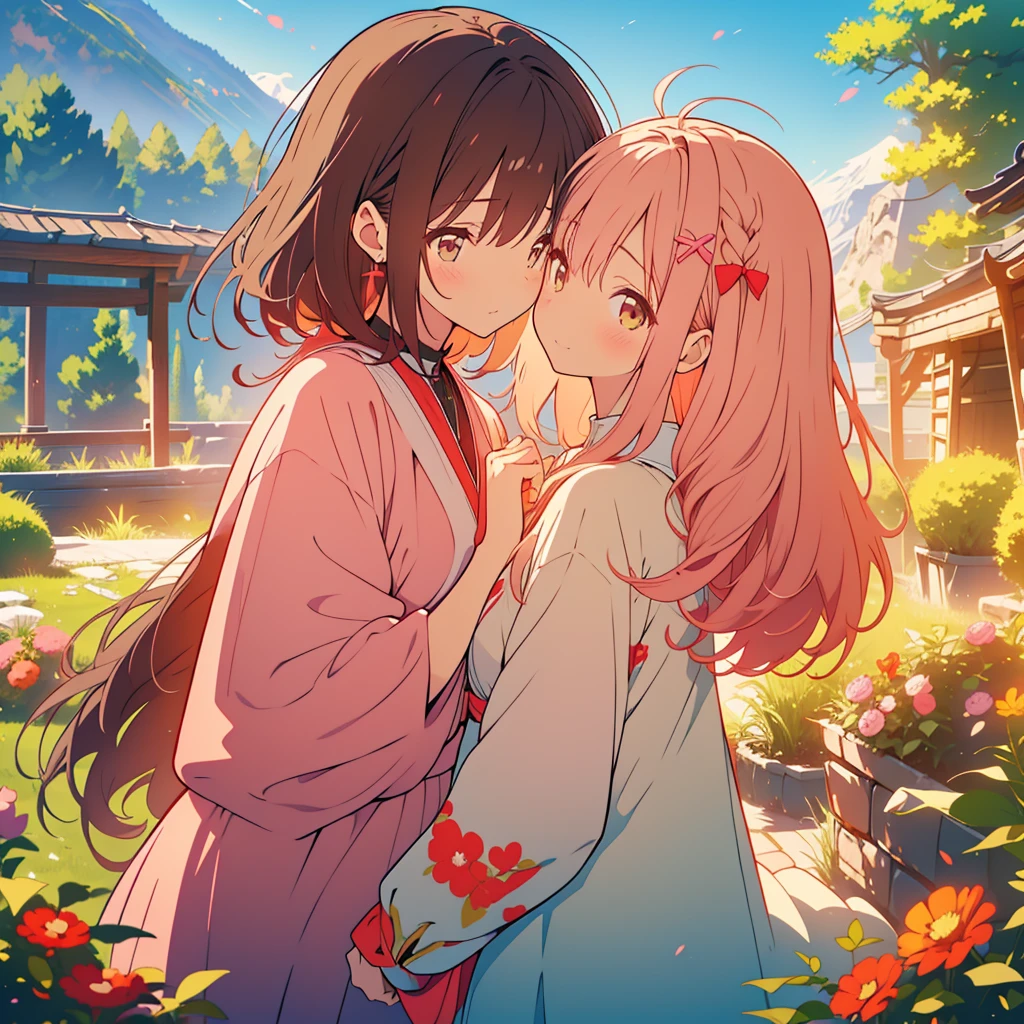 kawaii, anime, Cute, hyper quality, highly detailed, 8k, Clarity, Draw facial expressions in detail, A young girl with short light pink hair and scarlet eyes., swiss plateau, alps mountains, rainbow, daytime, clear sky, Girl with long dark brown hair and green eyes, good friends, marriage, smile, (Let me stay by your side for the rest of my life, stay by my side for the rest of my life, and do my best to never leave you), confession, hoodie, kiss, 