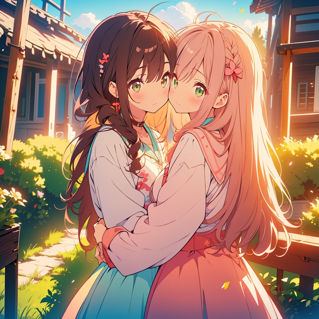 kawaii, anime, Cute, hyper quality, highly detailed, 8k, Clarity, Draw facial expressions in detail, A young girl with short light pink hair and scarlet eyes., swiss plateau, alps mountains, rainbow, daytime, clear sky, Girl with long dark brown hair and green eyes, good friends, marriage, smile, (Let me stay by your side for the rest of my life, stay by my side for the rest of my life, and do my best to never leave you), confession, hoodie, kiss,