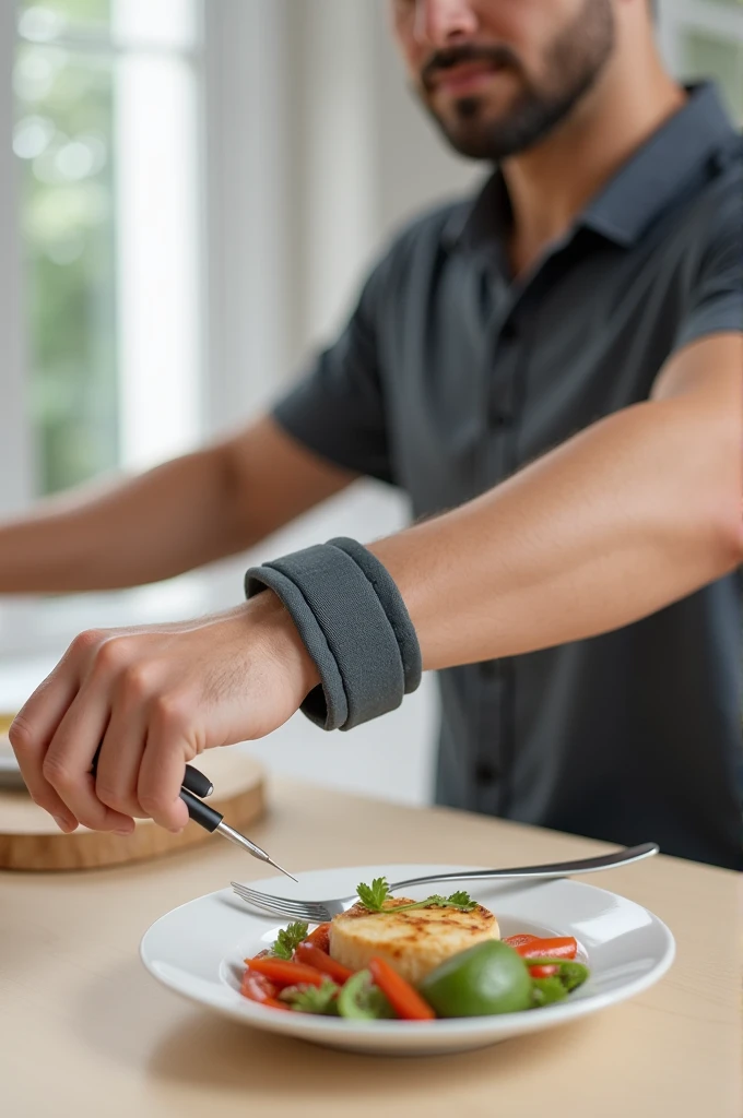 Help me create an image of an adaptable fabric bracelet for people with motor disabilities with which they can use everyday utensils