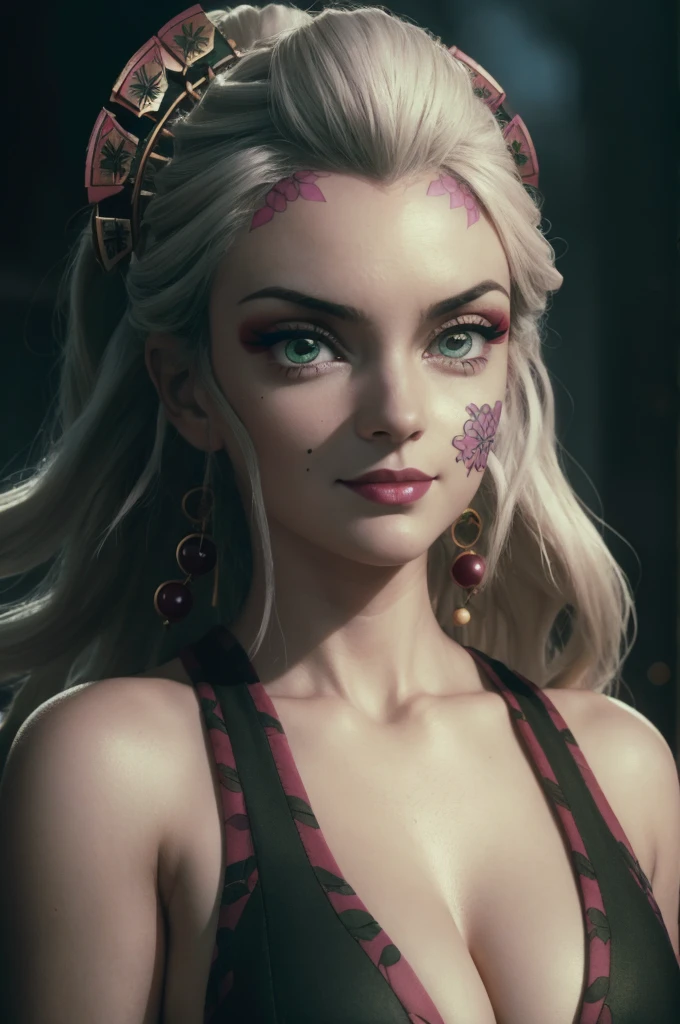A tall young girl in realistic portrait of high quality and detail, movie style, Daki (Kimetsu no Yaiba), 18 years old, Geisha, white makeup, She has Japanese traditional hairstyle, silver hair, traditional hairstyle-nihongami, green eyes, pale skin, asian girl, She is wearing a traditional Japanese pink armor, blood on her clothes, large breast, curvy body, milf, mole on her face, dark fantasy, dark atmosphere, dramatic look, glow, eye shadow, 1girl, Depth & Perspective, angry smiling face, Japanese hieroglyphens in pupils, fine face, She's standing in the japanese street, outdoors, snow on background, winter, night time, looking at viewer, (ultra-high detail:1.2), Masterpiece, Best Quality, Ultra-detailed, Cinematic lighting, 8K, delicate features, cinematic, 35 mm lens, f/1.9, highlight lighting, global lighting –uplight –v 4, cinematic, Cinematic lighting, 8K, high quality, Highest Quality, (Solo Focus), (extremly intricate:1.3), (Realistic), masterful, Analog style, (Film grain:1.5), (cold tone),