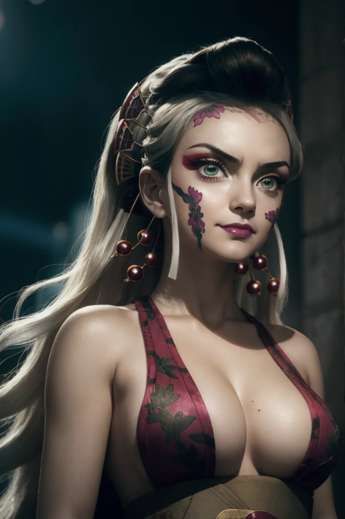 A tall young girl in realistic portrait of high quality and detail, movie style, Daki (Kimetsu no Yaiba), 18 years old, Geisha, white makeup, She has Japanese traditional hairstyle, silver hair, traditional hairstyle-nihongami, green eyes, pale skin, asian girl, She is wearing a traditional Japanese pink armor, blood on her clothes, large breast, curvy body, milf, mole on her face, dark fantasy, dark atmosphere, dramatic look, glow, eye shadow, 1girl, Depth & Perspective, angry smiling face, Japanese hieroglyphens in pupils, fine face, She's standing in the japanese street, outdoors, snow on background, winter, night time, looking at viewer, (ultra-high detail:1.2), Masterpiece, Best Quality, Ultra-detailed, Cinematic lighting, 8K, delicate features, cinematic, 35 mm lens, f/1.9, highlight lighting, global lighting –uplight –v 4, cinematic, Cinematic lighting, 8K, high quality, Highest Quality, (Solo Focus), (extremly intricate:1.3), (Realistic), masterful, Analog style, (Film grain:1.5), (cold tone),