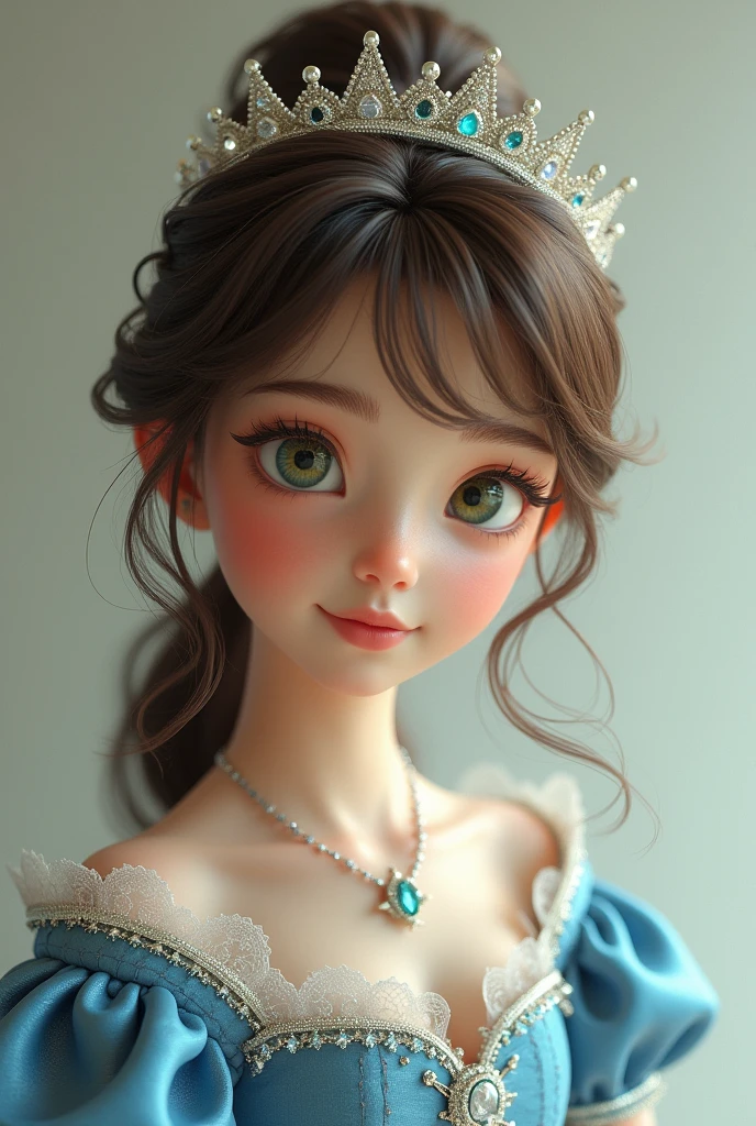 Make an ultra realistic image of a white princess,with tied hair and light brown bangs,blue realistic dress,with a crown,greeneyes,chubby mouth 