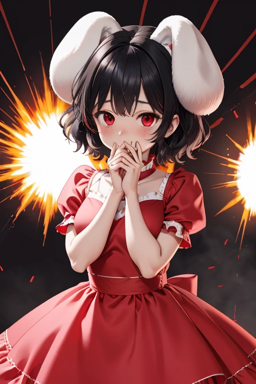 ultra detailed, sharp focus, best quality, masterpiece, colorful, 1 woman, Inaba Tewi, short hair, black hair, red eyes, TewiBase, explosion, pink dress, short sleeves, puffy sleeves, covering mouth, giggling, evil face, (explosion in the background), best quality, masterpiece, intricate details red party outfit