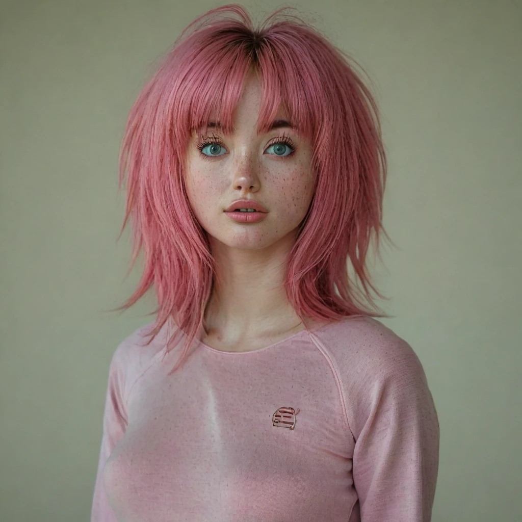 full body model, body with well-made anatomybeautiful 1 girl, standing alone, long hair, looking ahead at viewer, bangss, simple background, greeneyes, pink  hair, parted lips, teeths, lips, eyelash, Messy hair, portraite, close up, freckles, realisitic