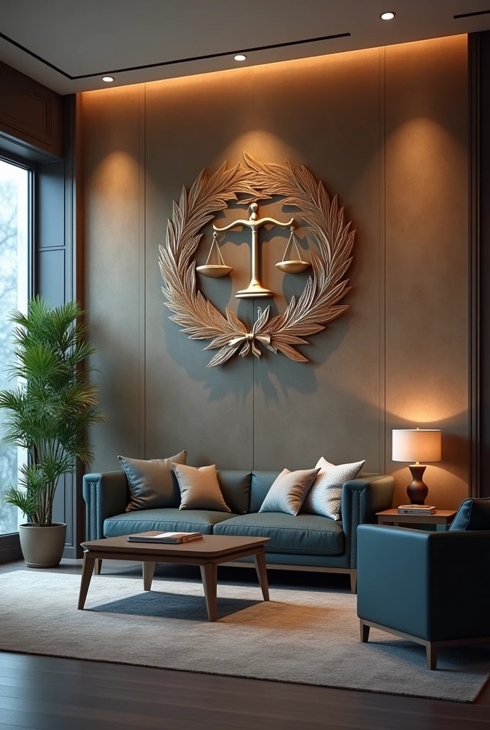Interior decor for an advocate office with beautiful wall sculpture on one wall with advocate written on it with the symbol justice balance scale