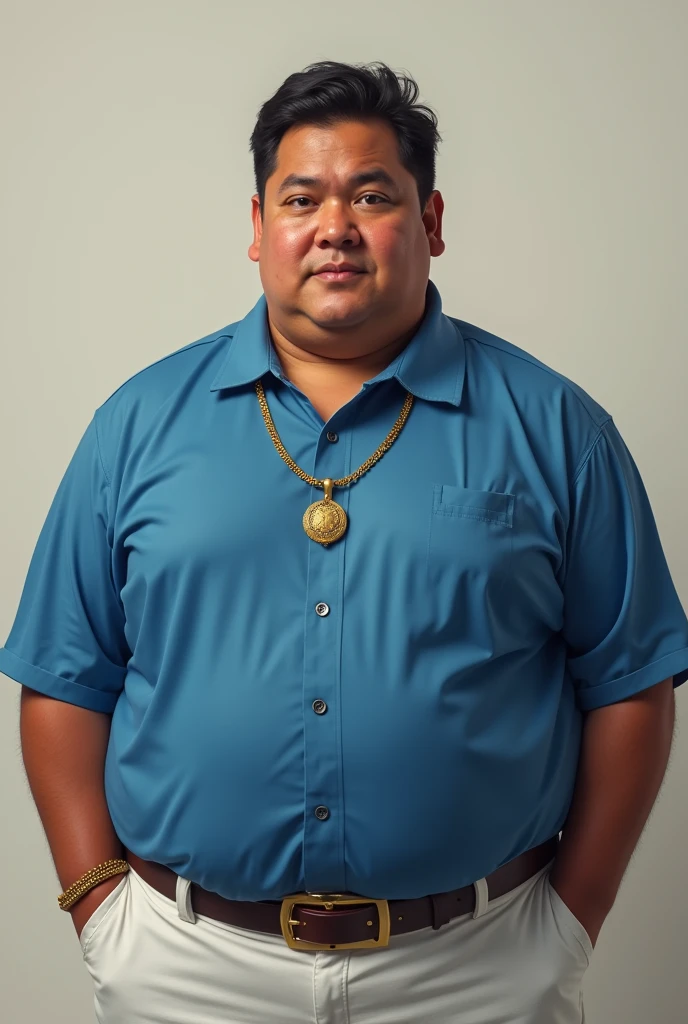 28-year-old Latin American, overweight, blue shirt, white pants, gold necklace, short hair  hyper realistic 