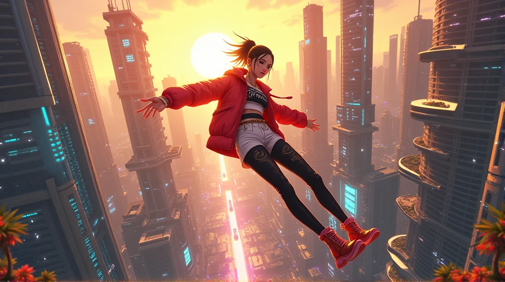 Make a beautiful anime city on day time but year is 2099 view of the city from above and a girl is falling from the sky and Wearing fancy clothes like rappers do