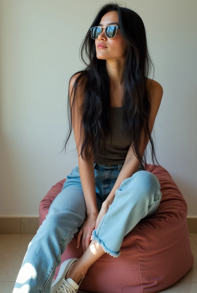 Beautiful woman with long straight black hair wearing fashionable casual clothes and sunglasses sitting with her back facing forward on a dice-shaped bean bag