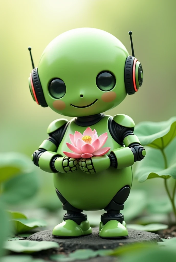 Light green chubby friendly robot with a lotus flower in the palm of its open hand looking straight ahead