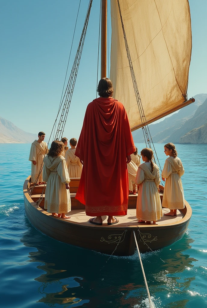 Jesus Christ dressed in red with his back completely to the sea in a beautiful boat sailing with dressed boys and girls and a title that says sailing with Jesus 
