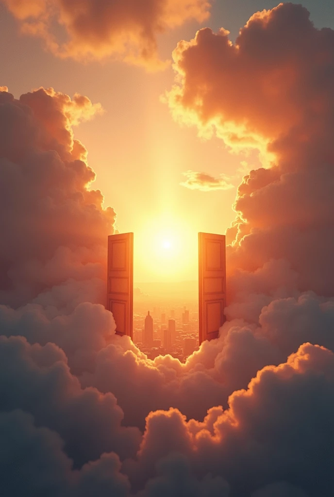 JESUS COMING BACK AMONG THE CLOUDS BEHIND A HEAVENLY PORTAL OPEN IN THE SKY A city in the clouds with a sunset background