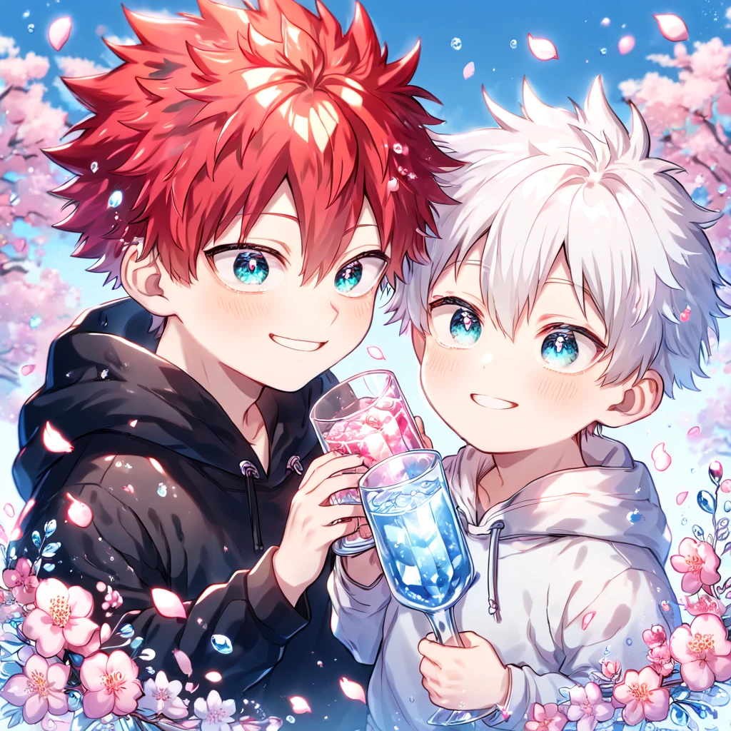 absurdres, highres, ultra detailed, HDR, master piece, best quality, extremely detailed face, delicated features, Gojou Satoru as a kid, white hair, expressive blue eyes, white eyelashes, Boku No Hero Academia, Todoroki Touya as a kid, red hair, spiked hair, with bangs, hair between the eyes, expressive turquoise eyes, two kids together, yaoi, gay couple, small, cute, smiling, black hoodie, white hoodie, fantasy, magical, cherry blossoms, pink flowers, pink birds, pink petals, water, crystal glass, blue sky, Jujutsu Kaisen