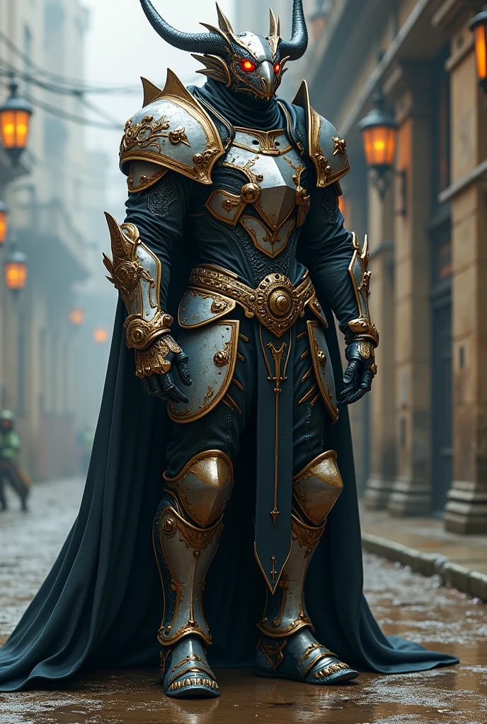 Black werewolf, yellow eyes, in Medieval knights armour