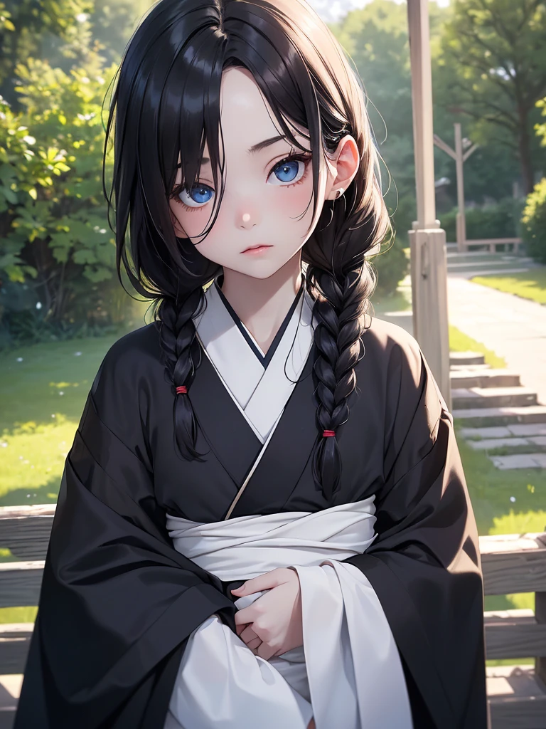 (8K, Best Quality, Masterpiece, Ultra High Resolution) Single Person, 1 Girl, Child, Young, Cute Eyes, Face Details, Pale Skin, Slender, Short, Flat Chest, Dark Black Hair, Long Hair, Braided Hair, Blue Eyes, Formal Kimono, Outside in Field, Best Quality, Upper Body, Looking at the Viewer, Facing Viewer, Close Up