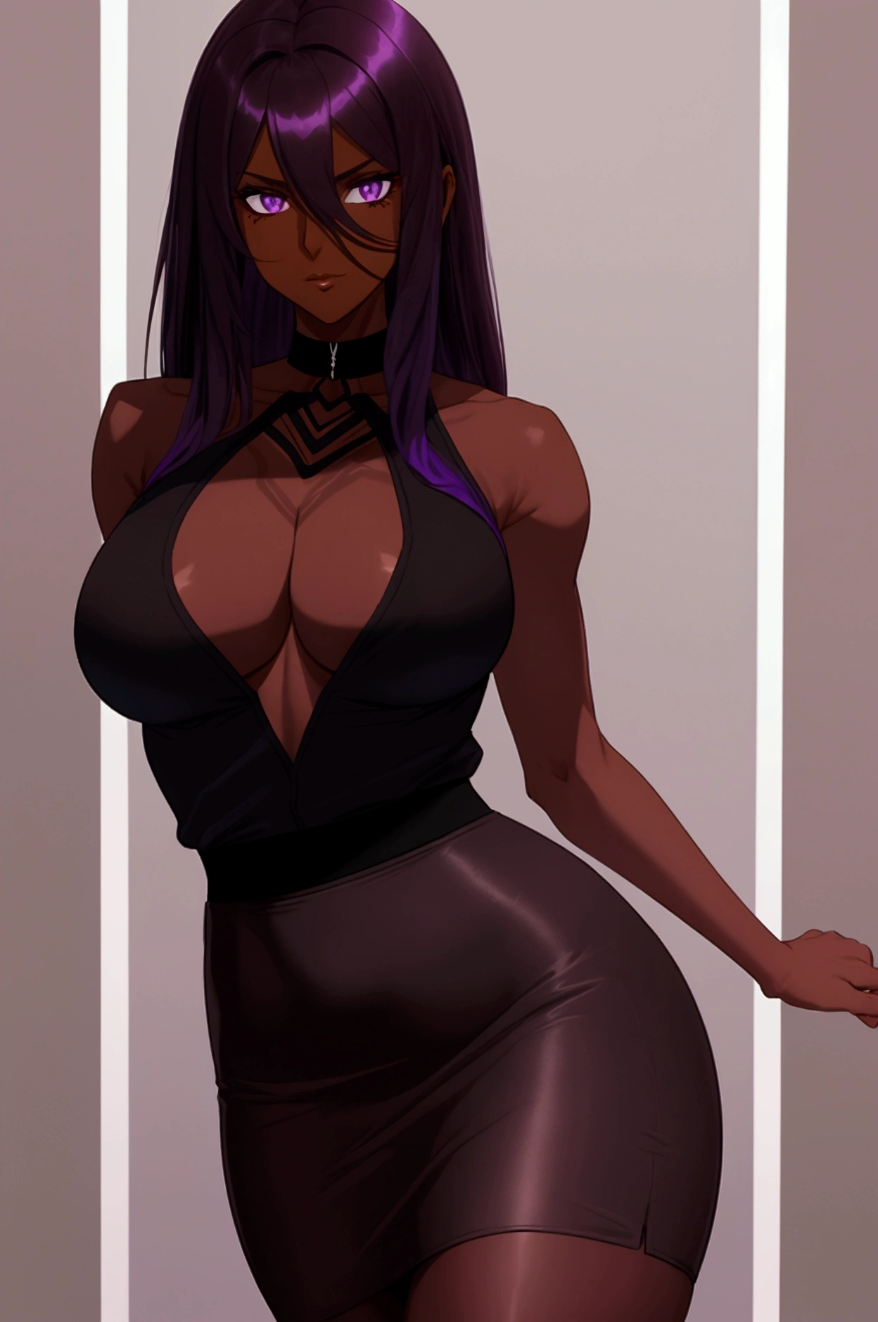 (Women1),(a woman alone),(thin body),(slender body),(structured body),(young mature and large body),(huge bust of breasts),(Long purple hair and long purple eyes),(Dark skin color:1.5),(Big ass),(height 1.68),(sexy body),(mature body),(big and mature and sexual breasts),(wearing),+,(A white sleeveless, collarless blouse showing the shoulders and a short, tight, sexual pencil skirt)