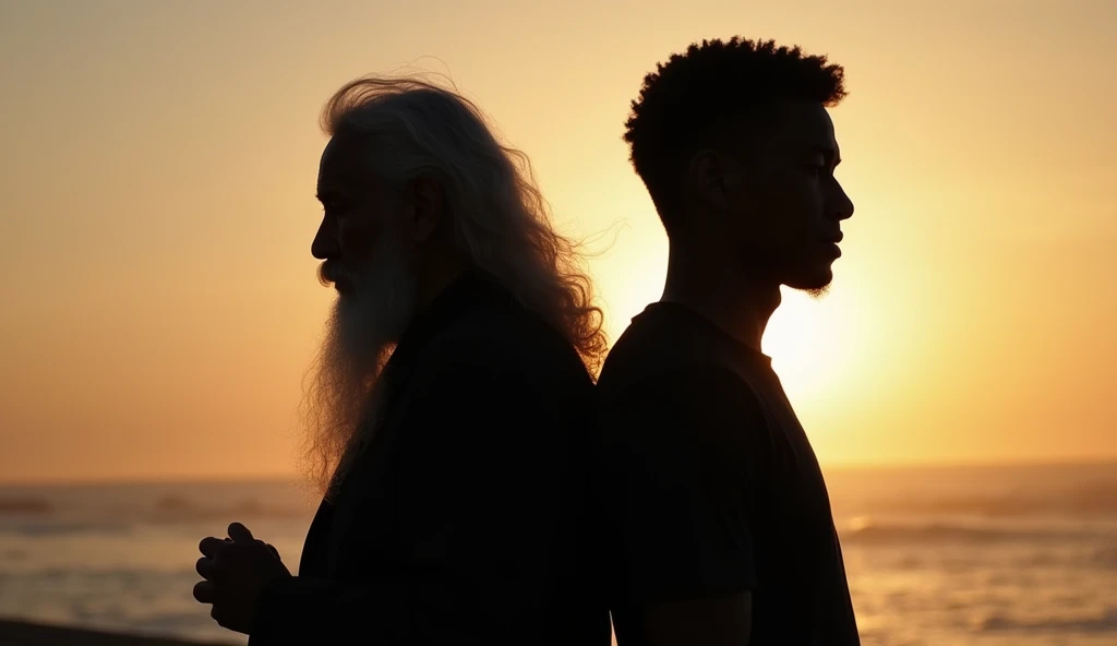 Silhouette of an elderly spirit, wise, back to back with a young black man