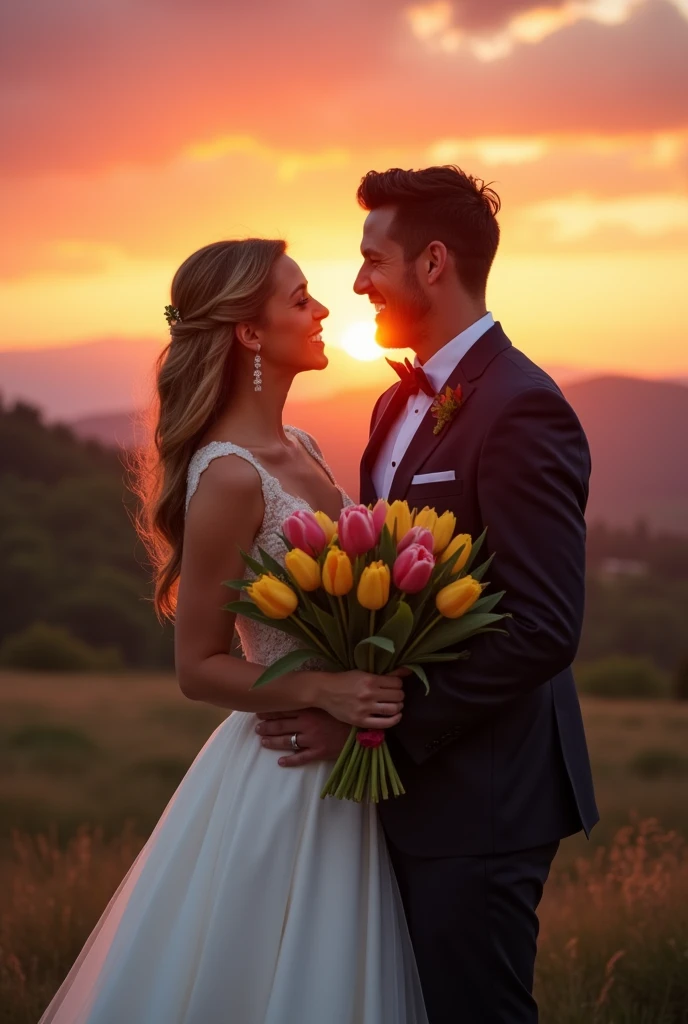 bride and groom with a bouquet of tulips watching the sunset