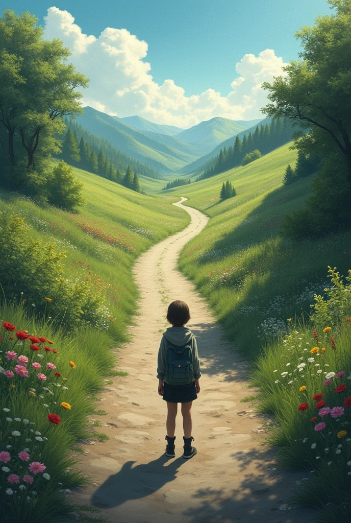 a person , facing two different paths. One on the left and the other on the right, one pretty and the other dangerous.