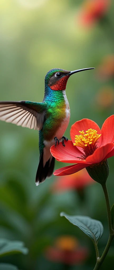A hummingbird perched on a flower, its feathers adorned with vibrant colors, set against a natural background. The hummingbird is depicted with intricate details, bold colors, and high-definition quality, immersing viewers in the scene.