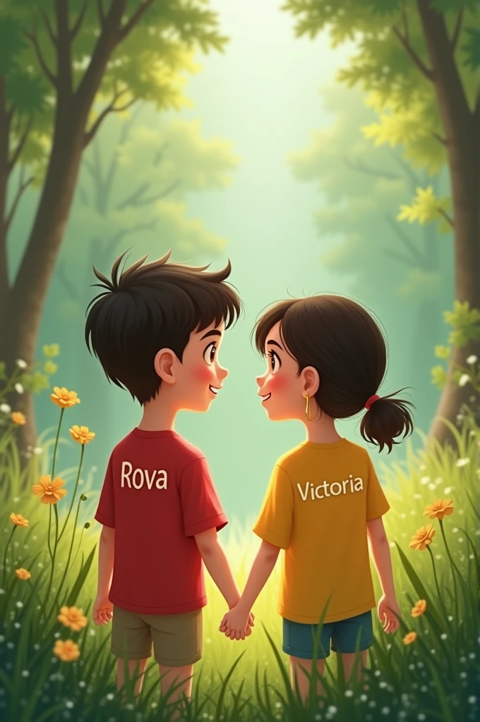 Un enfant en couple avec un mot Rova sur le shuite Rouge de la garçon et un mot Victoria sur le shuite jaune de la fille
ils sont dans la nature
