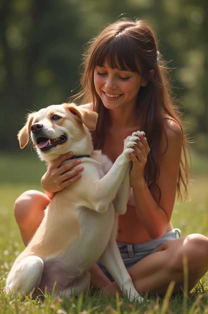 Prompt :
"Generate a real-life image of a 17 Year-old (girl/) joyfully showing hrr big boobs with bra playing with dog