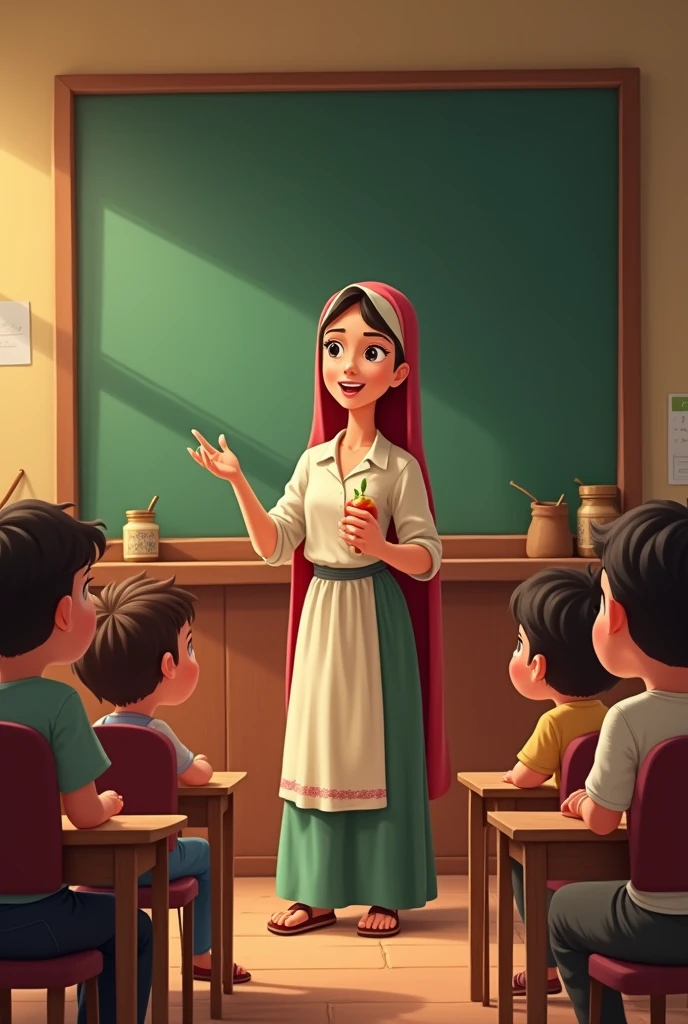Mother Clarita teaches a group of children in a classroom, with the children attentive and smiling while she explains a lesson to them. animated style