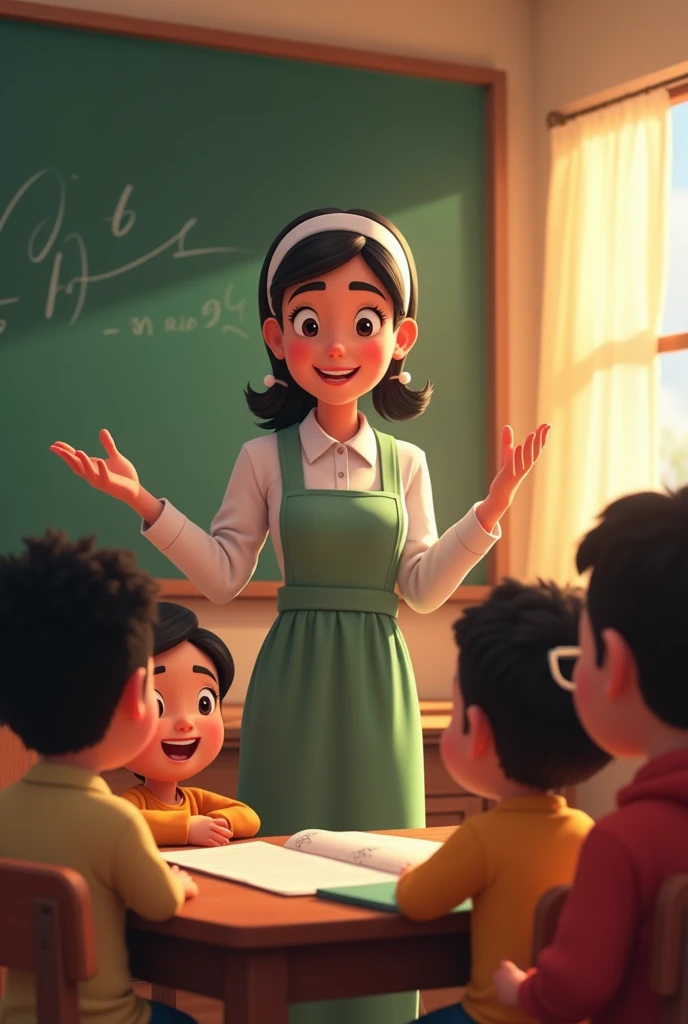 Mother Clarita teaches a group of children in a classroom, with the children attentive and smiling while she explains a lesson to them. animated style