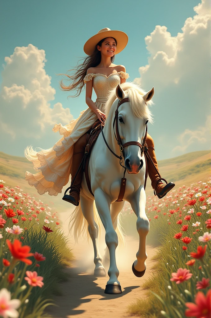 Write a picture of a girl riding on white horse wearing cowboy hat and dress, passing through a pathway of flowers