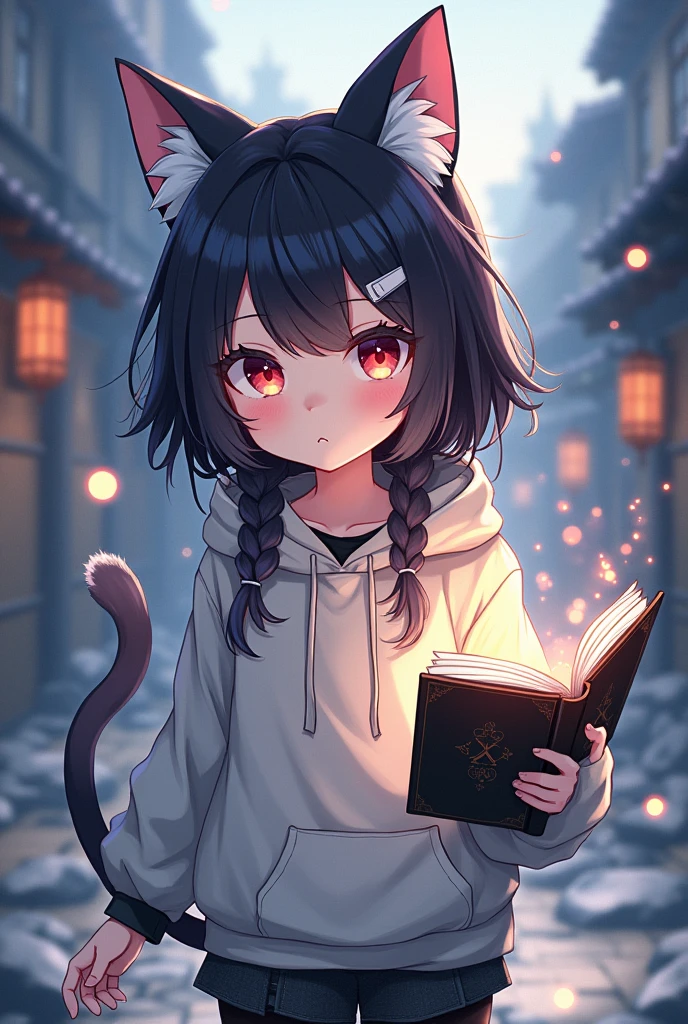 Anime figure of a girl with cat ears, hooded sweatshirt, Anime moe art style, demon slayer rui fanart, chibi!!! Catgirl, Chibi Anime Girl, black-haired magician white strands with black open magic book with decorations in one hand, Anime-Chibi, anime Catgirl, Mihoyo art style, advanced digital chibi art, chibi art, black and white clothing, Several magic circles in different colors fly around the girl, background destroyed city