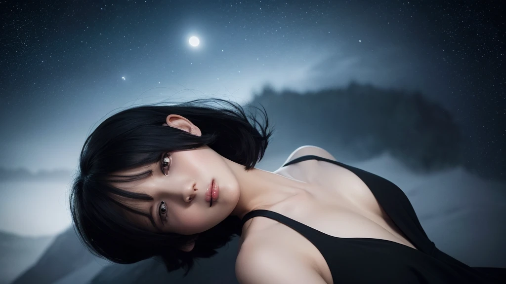 Delicate and dainty young woman with shiny bob-cut black hair . She is wearing black dress. The background is a fantastic and ethereal night sky that seems to be haunted by a specter. Her expression is stern and atmospheric. Angle from directly below.