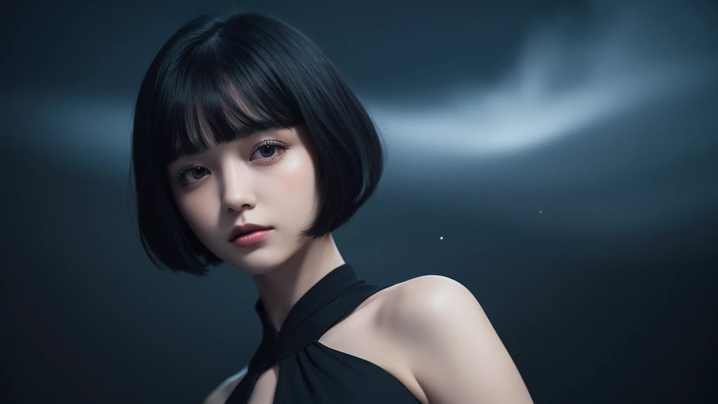 Delicate and dainty young woman with shiny bob-cut black hair . She is wearing black dress. The background is a fantastic and ethereal night sky that seems to be haunted by a specter. Her expression is stern and atmospheric. Angle from directly below.
