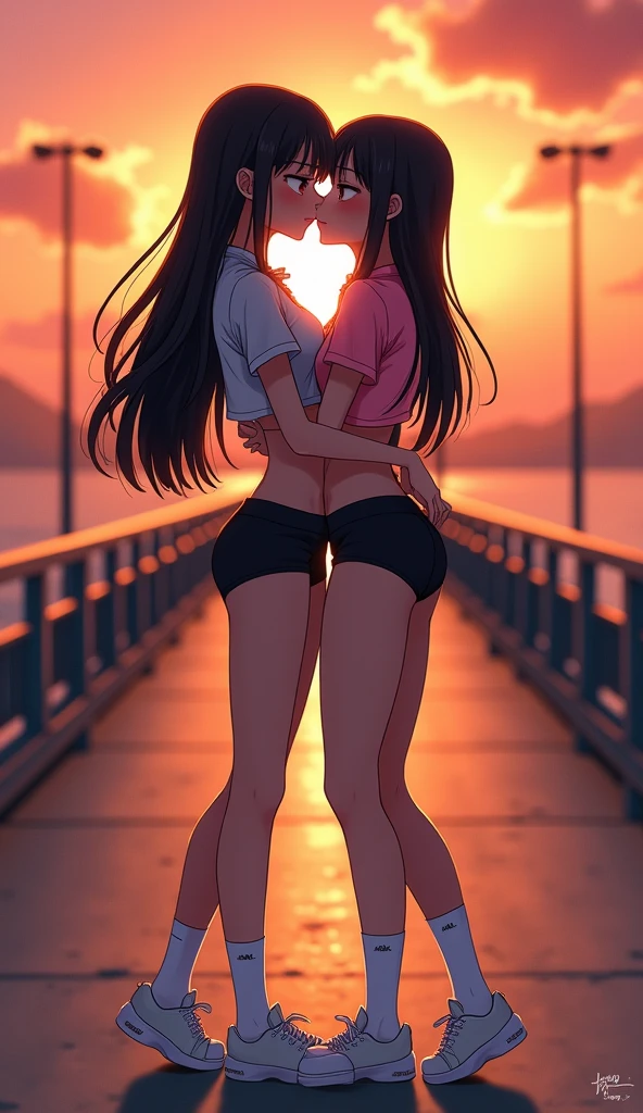 Two girls long black hairs, yuri, (The first girl wear a pink adidas pants, pink adidas cap), (The second girl wear a grey adidas pants, grey adidas cap), black underpants, white socks, white sneakers, french kiss, lesbian kiss, hugging, sensual body, closed eyes, sunset long bridge, novel cartoon, 4K, HD