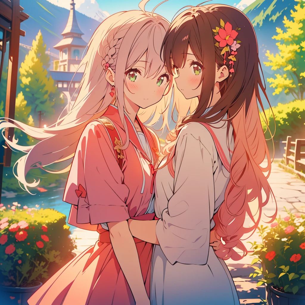 kawaii, anime, Cute, hyper quality, highly detailed, 8k, Clarity, Draw facial expressions in detail, A young girl with short light pink hair and scarlet eyes., swiss plateau, alps mountains, rainbow, daytime, clear sky, Girl with long dark brown hair and green eyes, good friends, marriage, smile, (Let me stay by your side for the rest of my life, stay by my side for the rest of my life, and do my best to never leave you), confession, hoodie, kiss,