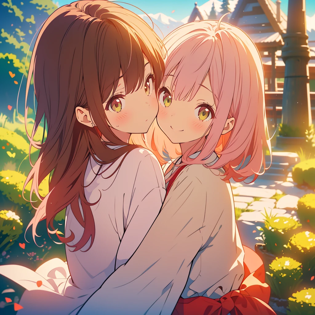kawaii, anime, Cute, hyper quality, highly detailed, 8k, Clarity, Draw facial expressions in detail, A young girl with short light pink hair and scarlet eyes., swiss plateau, alps mountains, rainbow, daytime, clear sky, Girl with long dark brown hair and green eyes, good friends, marriage, smile, (Let me stay by your side for the rest of my life, stay by my side for the rest of my life, and do my best to never leave you), confession, hoodie, kiss,