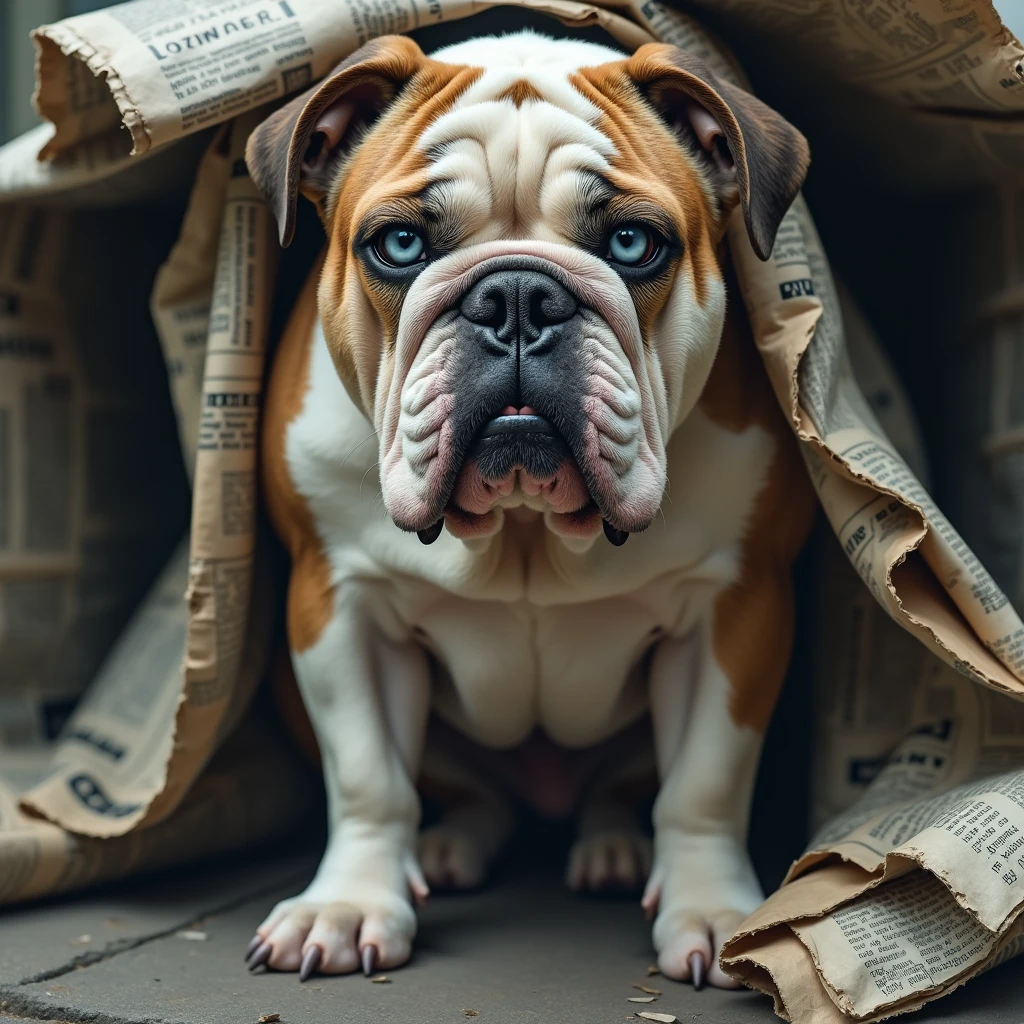 Generate me an English bulldog with light blue eyes, Light cream-colored coat with brown undertones. living on the streets as a homeless person, in a precarious situation covered with newspapers.