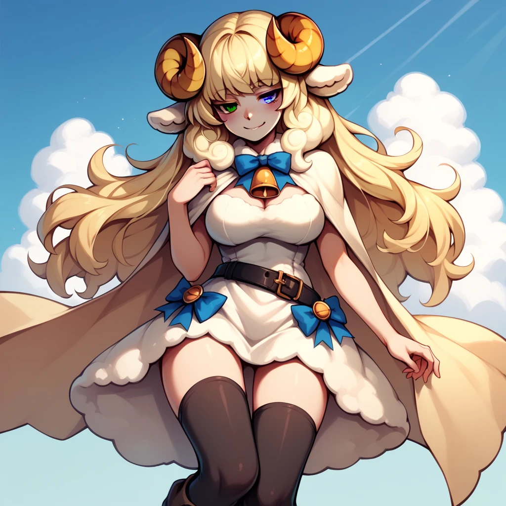 1girl, Solo, Long Hair, Looking at viewer, Blonde Hair, Breasts, Sheep Ears, Blush, Smile, Blue eyes, Horns, Ribbon, Hair Ribbon, White dress, Black stockings, Leather boots, Leather belt, Golden cape, Heterochromia, Blue eye, Green Eye, 