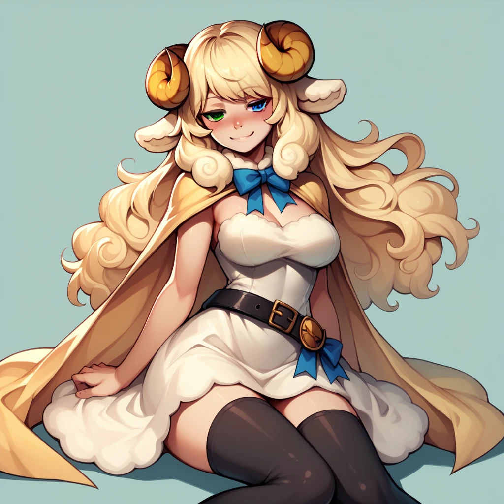 1girl, Solo, Long Hair, Looking at viewer, Blonde Hair, Breasts, Sheep Ears, Blush, Smile, Blue eyes, Horns, Ribbon, Hair Ribbon, White dress, Black stockings, Leather boots, Leather belt, Golden cape, Heterochromia, Blue eye, Green Eye, 