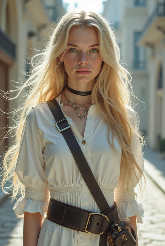 (photorealism:1.2), beautiful girl, 19 years old, blond long hair, blue eyes, wearing a white corse, white girl, whit a sheathed rapier and a holstered automatic pistol