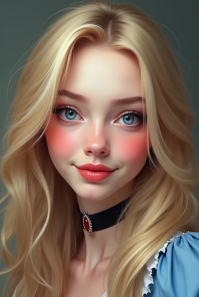 Masterpiece, raw, beautiful art, professional artist, 8k, art style by sciamano240, very detailed face, very detailed hair, Alice in Wonderland, 25 years old, perfectly drawn body, beautiful face, long hair, light blonde hair , very detailed blue eyes, pouty lips , rosey cheeks, intricate details in eyes, playful smile , lipstick,