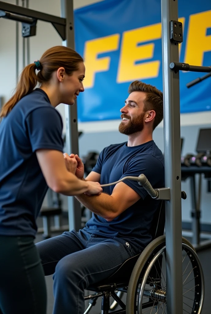Have a weight training student who is in a wheelchair perform low rows on the machine and have his personal trainer assist him with the workouts.. Make both with a navy blue t-shirt and in the background a banner saying FEPI in blue and yellow.