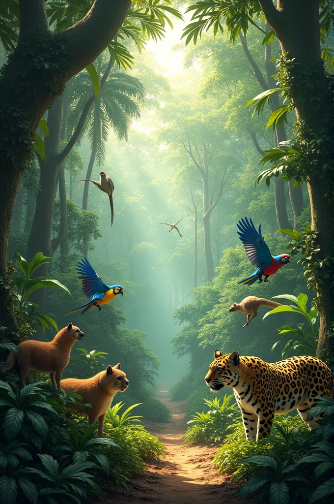 Make an image of the Amazon rainforest with untouched animals