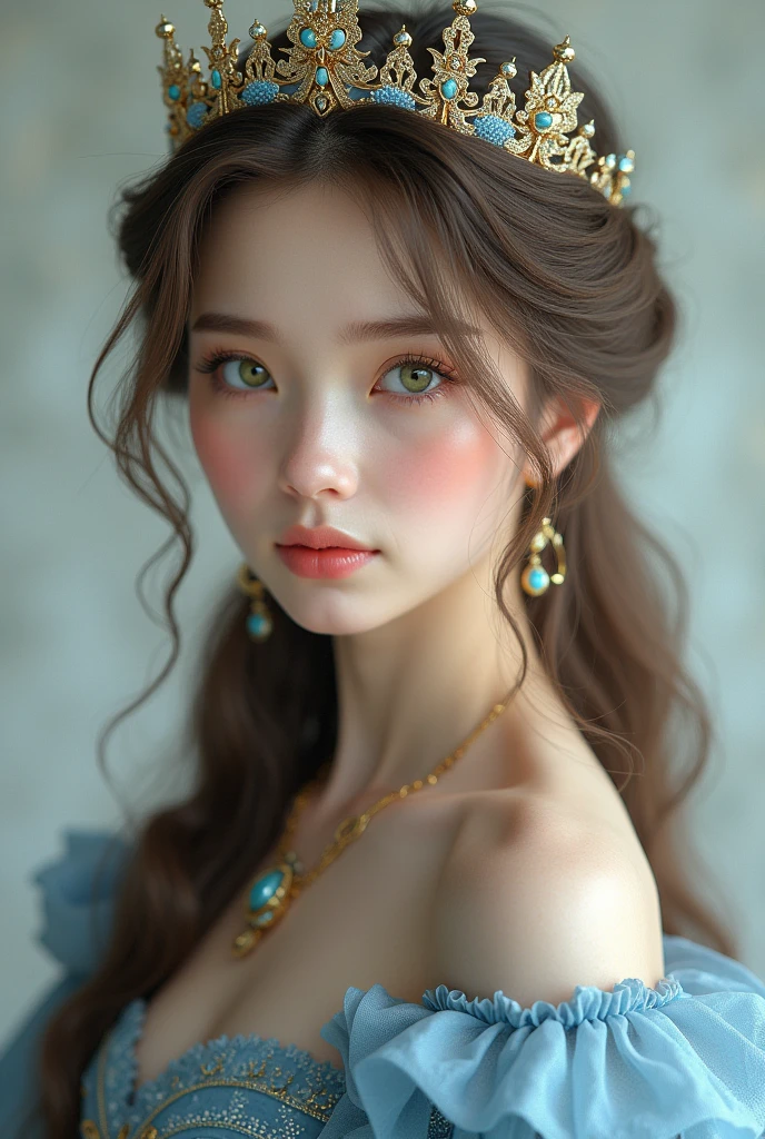 Make an ultra realistic image of a white princess,with tied hair and light brown bangs,blue realistic dress,with a crown,greeneyes,Very realistic face