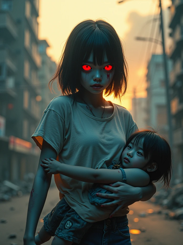 a japanise beutiful school teen zombie, exposing her  from torn tshirt , blue skin, red eyes , looking cute, carrying a dead body by his shit, walking down a dystopian city, smoke, destruction, golden hour