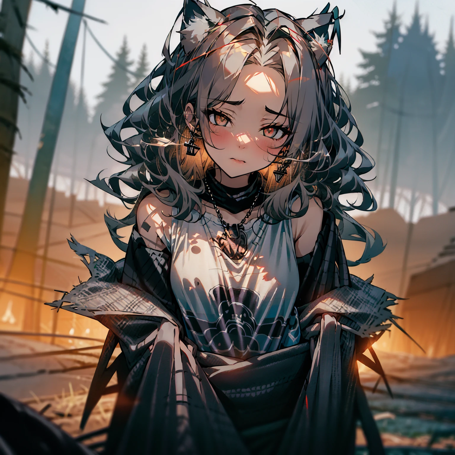 Beautiful girl with smoky gray curled hair, wolf-shaped earrings, wearing a wolf-shaped tank top over a black fabric shirt with red trim, cute pouty-lipped and air-kissing expression, with details chains on clothes, tall buildings, evening, street lights, deserted wilderness.