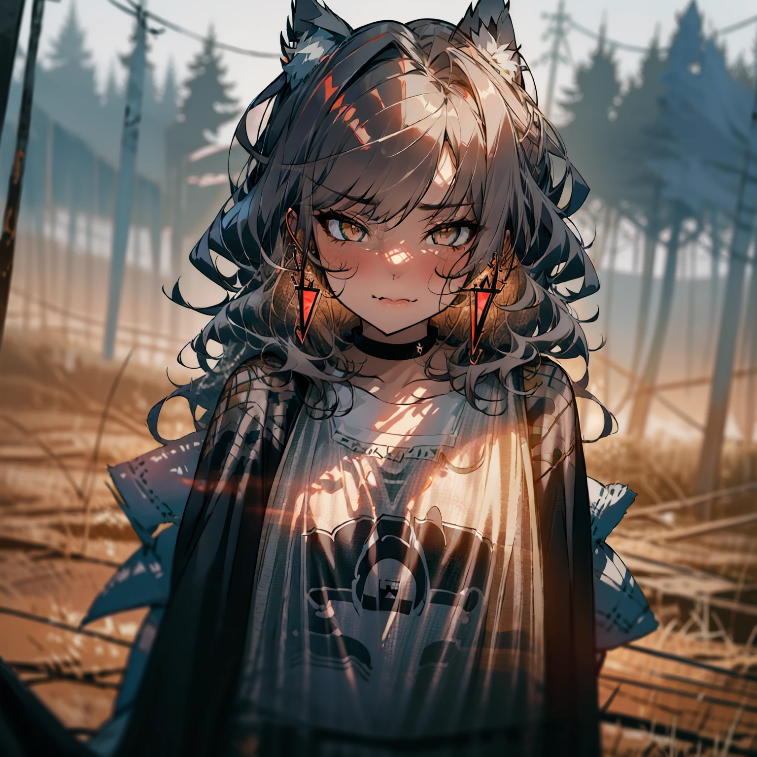 Beautiful girl with smoky gray curled hair, wolf-shaped earrings, wearing a wolf-shaped tank top over a black fabric shirt with red trim, cute pouty-lipped and air-kissing expression, with details chains on clothes, tall buildings, evening, street lights, deserted wilderness.