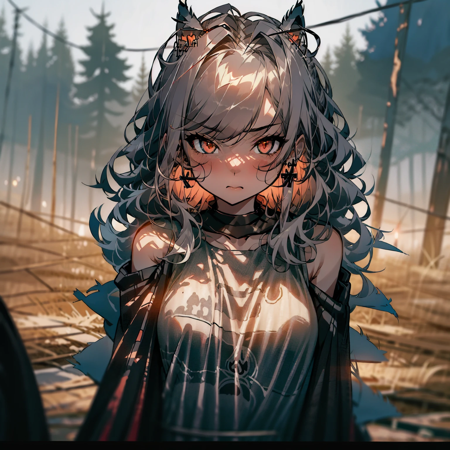 Beautiful girl with smoky gray curled hair, wolf-shaped earrings, wearing a wolf-shaped tank top over a black fabric shirt with red trim, cute pouty-lipped and air-kissing expression, with details chains on clothes, tall buildings, evening, street lights, deserted wilderness.