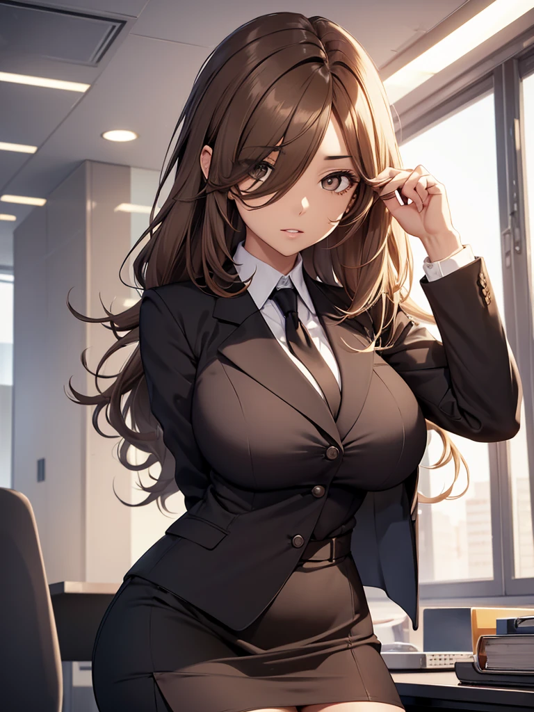 (Wiz), 1woman, wearing a office suit, black tight skirt, at an office, big breasts, (light brown colour hair), (one eye covered by hair), 8k, high detailed, high quality