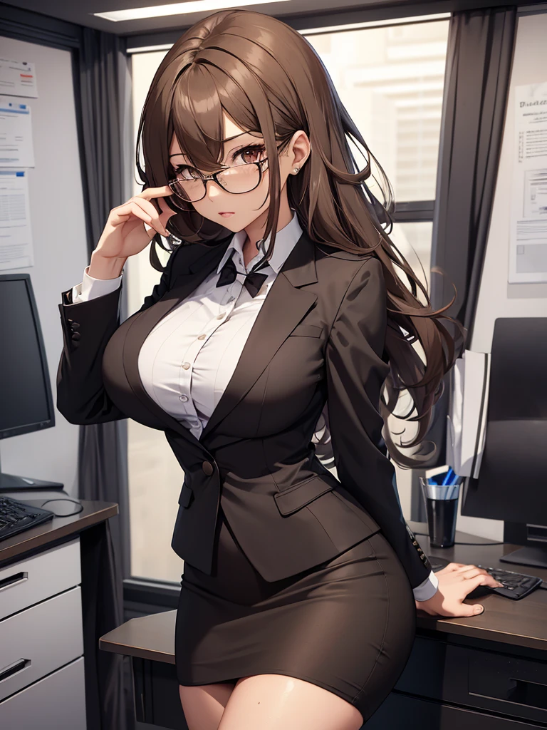 (Wiz), 1woman, wearing a office suit, black tight skirt, at an office, big breasts, (light brown colour hair), (one eye covered by hair), 8k, high detailed, high quality