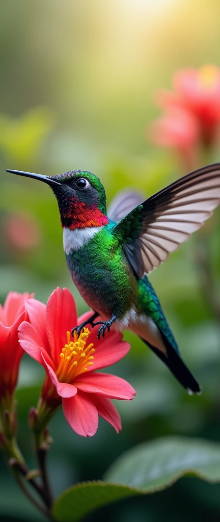 A hummingbird perched on a flower, its feathers adorned with vibrant colors, set against a natural background. The hummingbird is depicted with intricate details, bold colors, and high-definition quality, immersing viewers in the scene.
